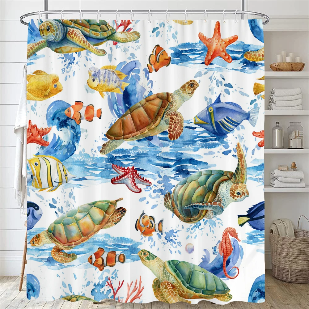 

Watercolor Sea Turtle Shower Curtain Sets Waterproof Ocean Cartoon Shower Curtain Fabric Cloth Bathroom Curtains with Hooks