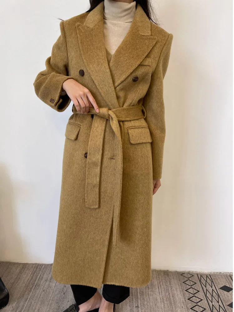 [EWQ] Double Breasted Full Sleeve Double-faced Cashmere Coat Temperament Women Long Woolen Coats Winter 2024 Autumn New 16O1857