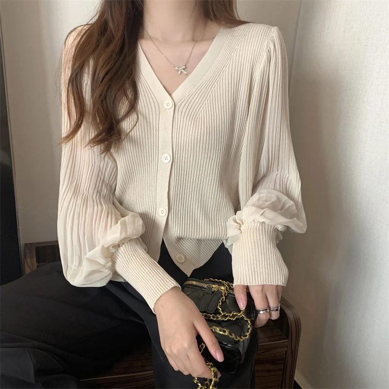 Women Fashion V-neck Slim Single-breasted Chic Pleated Lantern Sleeve Sweater Jacket Cropped Cardigan White Cardigan Tops