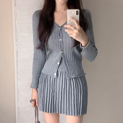 HELIAR Women Casual Knitted 2 Piece Set Single-breasted V-neck Top And High Waist Mini Pleated Skirt Solid Outfits Suit Spring