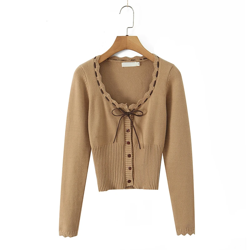 

YENKYE 2025 Women Bow Rope O Neck Khaki Knit Cardigan Front Button Long Sleeve Slim Autumn Short Knitwear