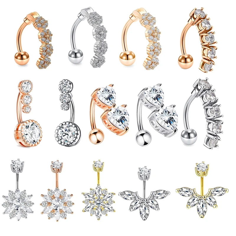 Zircon Belly Button Rings Heart Navel Piercing Sexy Stainless Steel Belly Bar Dangle Rings Fashion Body Piercing Nombril Jewelry