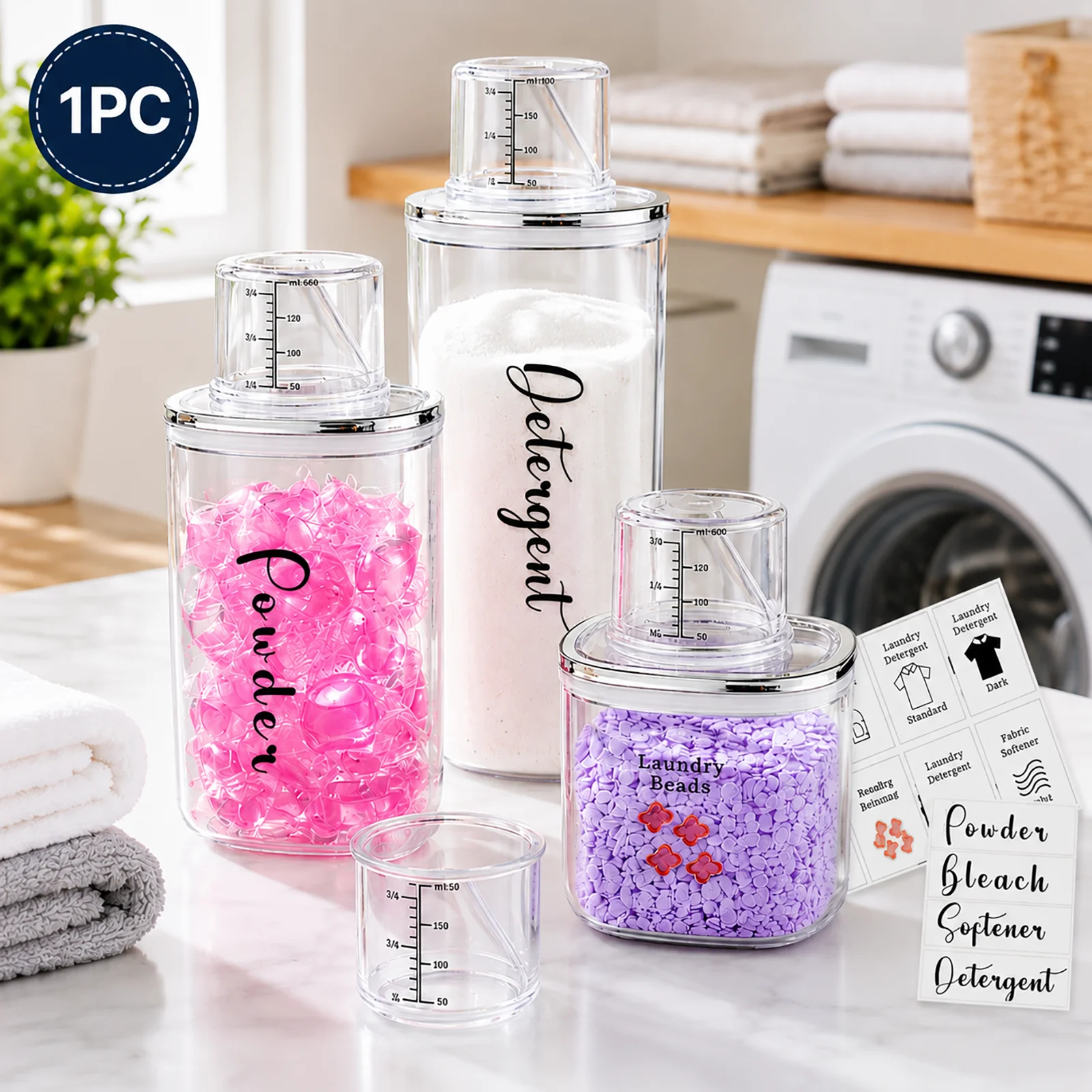 Clear Laundry Detergent Dispenser Container with Measuring Cup Lid, Cylindrical Airtight Canister for Laundry Powder Liquid Soap