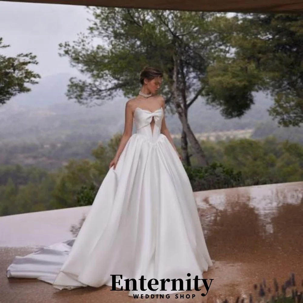 Suknia ślubna z satyny z dekoltem w łódkę, urocza suknia ślubna zapinana na zamek, elegancka suknia ślubna bez rękawów z kokardą, vestido de novia