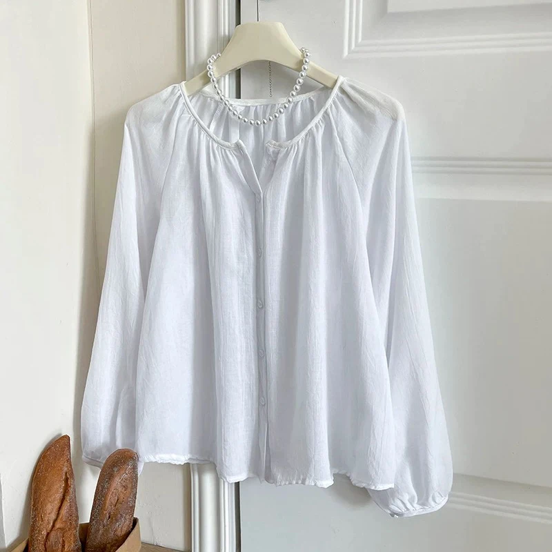 Beach Vacation Solid Color Sunscreen Shirt for Women Loose Button Up Round Neck Blouse Woman Wild Balloon Sleeve Casual Shirts