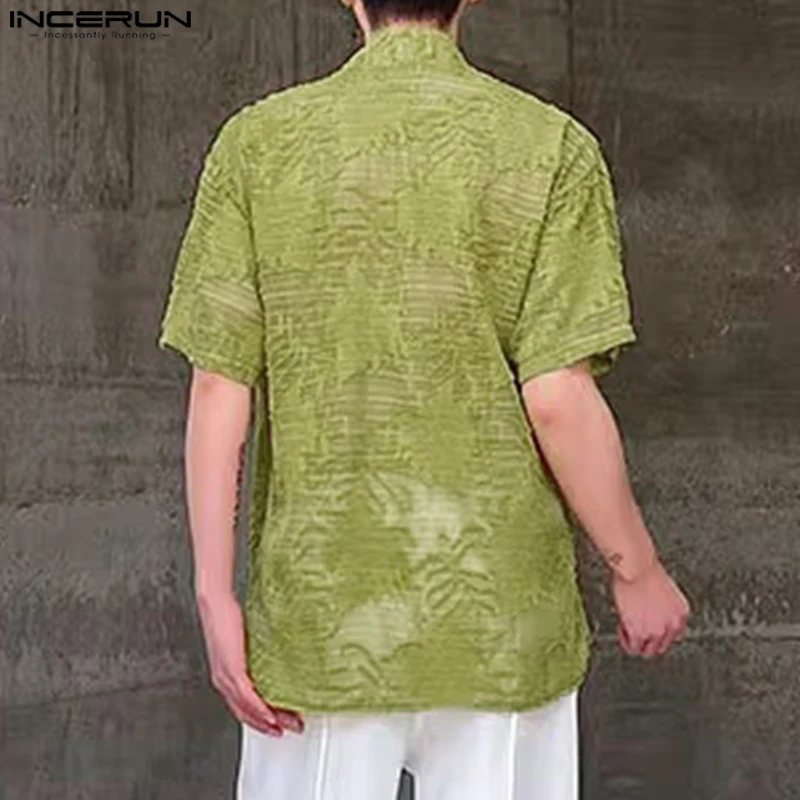 INCERUN Men Shirts Jacquard V Neck Short Sleeve Lace Up Summer Men Clothing Streetwear 2024 Transparent Casual Male Shirts S-5XL