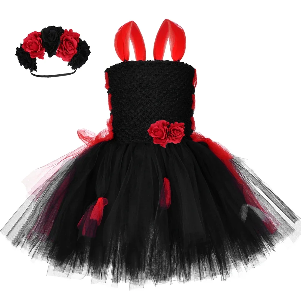 

Day of The Dead Corpse Bride Tutu Dress Costume for Girls Halloween Carnival Party Dress Up Red & Black Kids Flower Tulle Dress