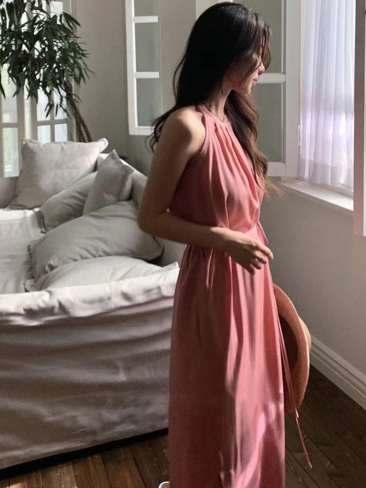 Vaion Sle Off-oulder Long Dr Women's High Waist A-Line Skirt without Sve Summer Season Hanging Ne Pleated Dr