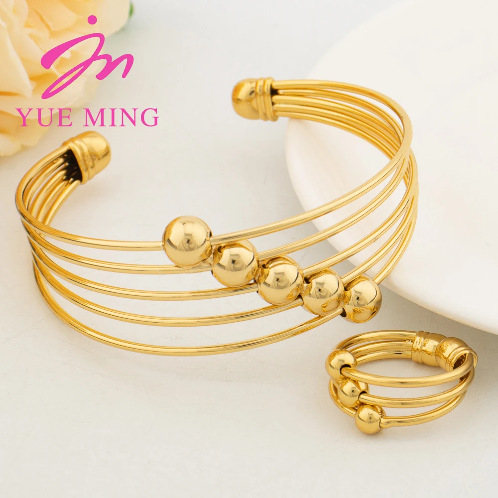 

New Round Cuff Bangles Open Ring For Women Dubai Gold Plated Lucky Beads Charm Bracelet Wedding Party Jewelry Anniversary Gifts