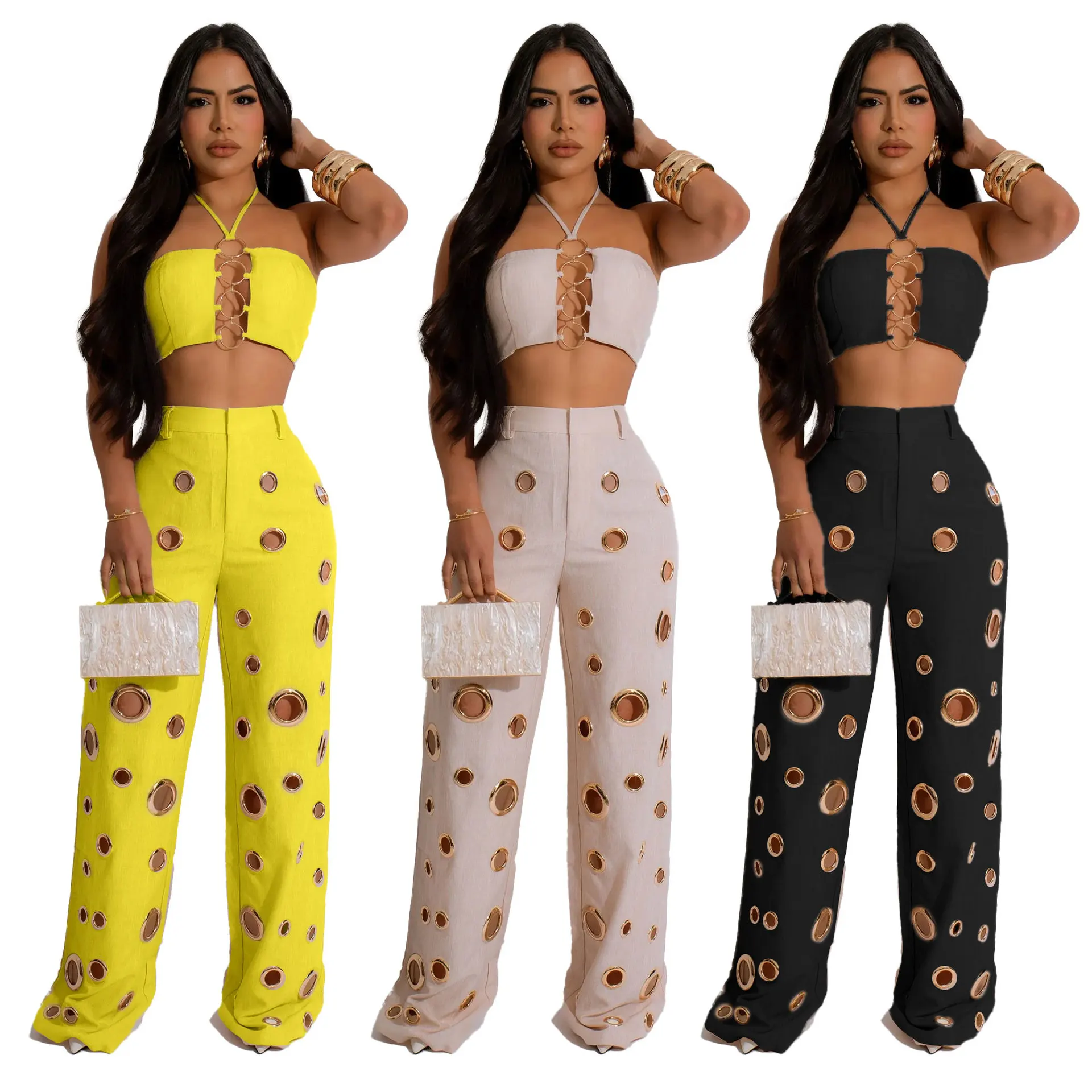 

EINY Sexy Solid Hole Wide Leg Pants Streetwear Women Halter Sleeveless Backless Crop Top+Pants Two Piece Sets Party Outfits Traf