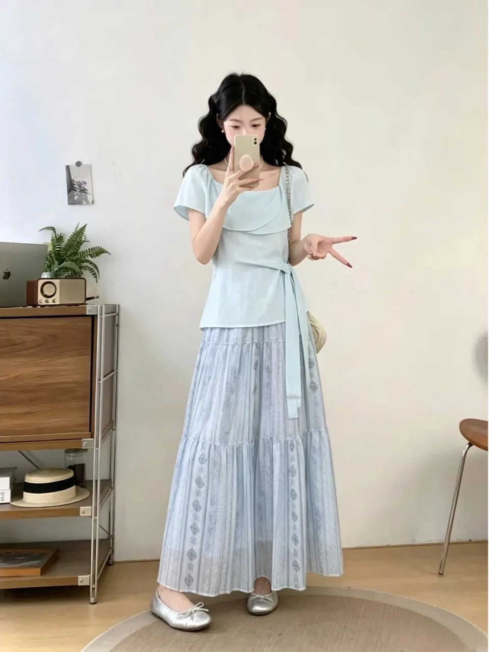 

plus Size Women's Gentle Shoulder Bared Ruffle Hem Shirt Summer Casual Skirt Two Piece Set Fashionable Elegant Loose Fit Offi...