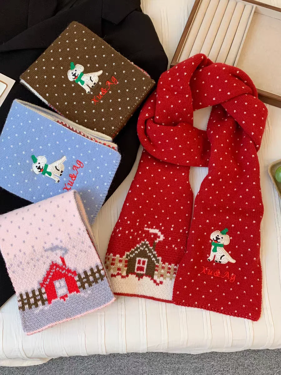 

Японский дизайнерский милый вязаный шарф с вышивкой домика для собак, унисекс, счастливый осенне-зимний шейный платок для мальчиков и девочек, подарок для студентов