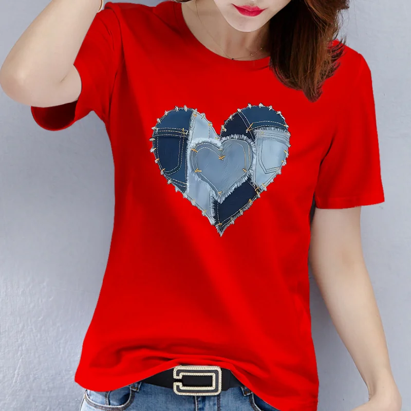 

Men and Women's Round-Neck Short-Sleeved T-Shirt, Denim Heart Print, 100% Cotton, Best-selling, Fashion, New Style
