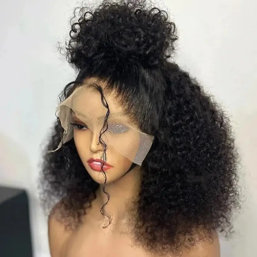 Natural preto macio preplucked 26 Polegada longo 180 densidade perucas dianteiras do laço para mulheres kinky encaracolado com cabelo do bebê sem cola boa textura