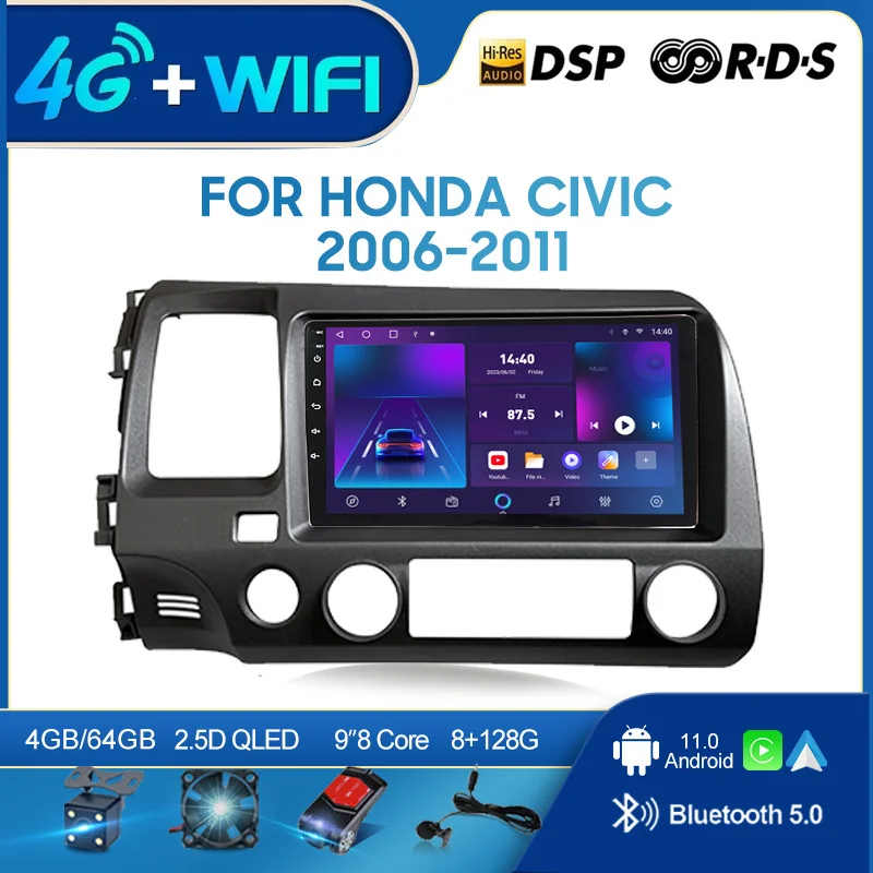 

QSZN ДЛЯ Honda Civic 2006-2011 LHD 2 din Android 12.0 Автомобильный радиоприемник Мультимедийный видеоплеер GPS-навигация 4G Carplay Головное устройство