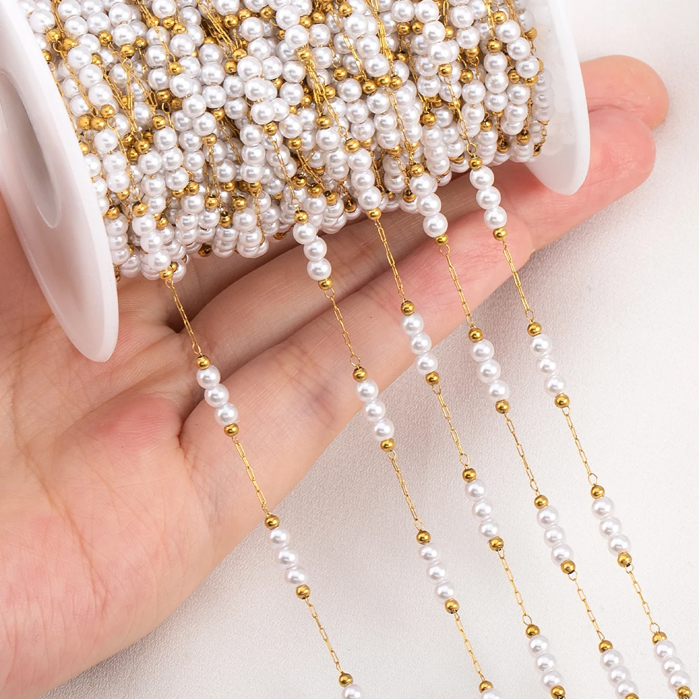 1 Meter Stainless Steel 3mm Gold Beaded Stone Pearls Chains for DIY Jewelry Findings Necklace Bracelet Supplies Earrings Making image 3