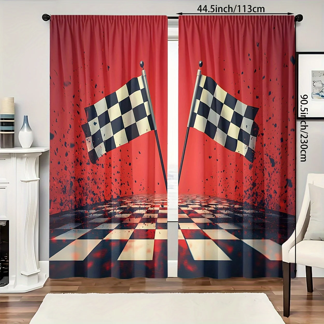 Black and white checkered track with double-flag pattern print, tinted curtains. Suitable for bedrooms, living rooms and offices
