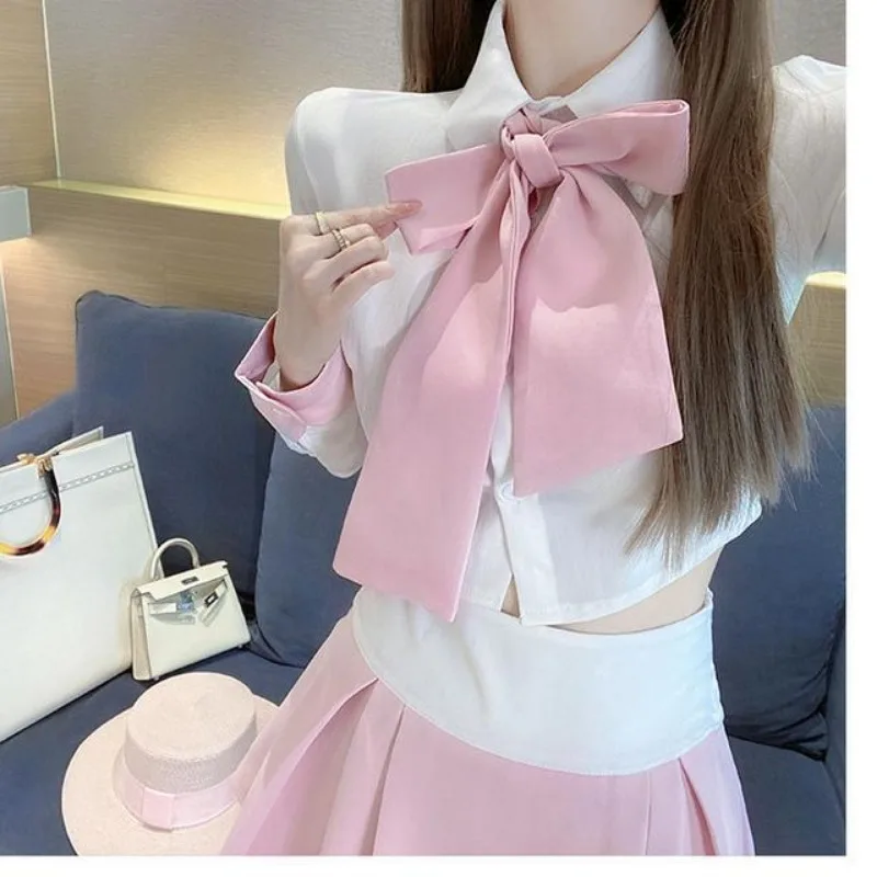 Sweet College Bow Shirt Pleated Skirt Two-piece Set Women Lapel Lace Up Single Breasted Spicy Girl Fashion Slim Spring Chic Suit