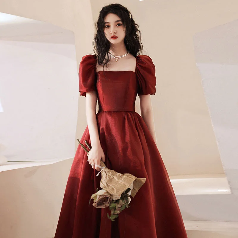 Women Puff Sleeve Square Collar Puff Sleeve Casual Summer Dress Formal Birthday Party vestidos Burgundy Simple Prom Dress