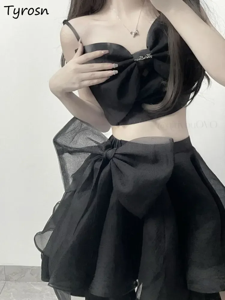

Camisole Skirt Sets Women Sweet Chic Solid Simple Bow Design Leisure Summer Sleeveless Ladies Elastic Waist Korean Style A-line
