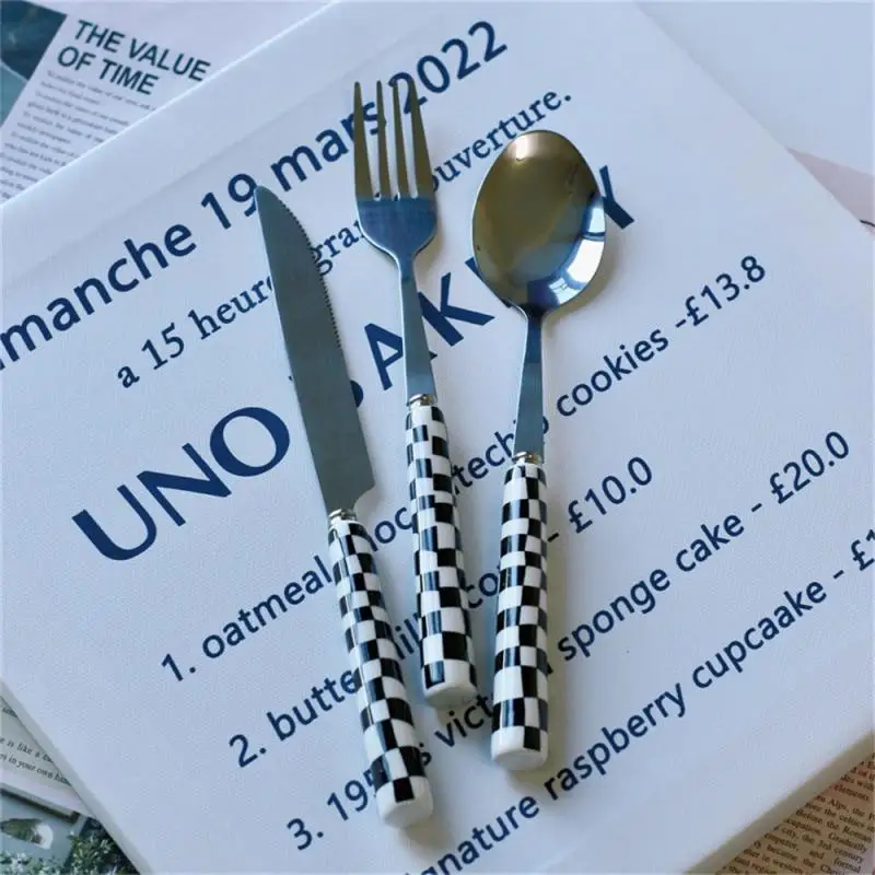 3pcs Korea Style Stainless Steel Knife Fork Spoon Three Pieces Creative Checkered Western Tableware Set Kitchen Tableware