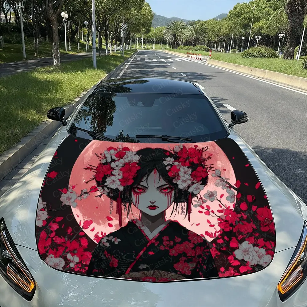 Horror Kimono Girl Car Hood Decal Sticker, Durable Car Vinyl Wraps Suitable For Most Vehicles, Car Engine Hood Protective Film G