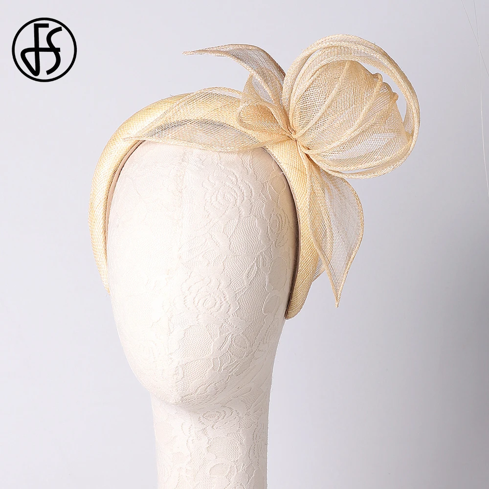 FS Champagne Sinamay Fascinator Headdress Bride Hats For Women Wedding Ceremony Headpiece Ladies Formal Occasion Cap Female 2024