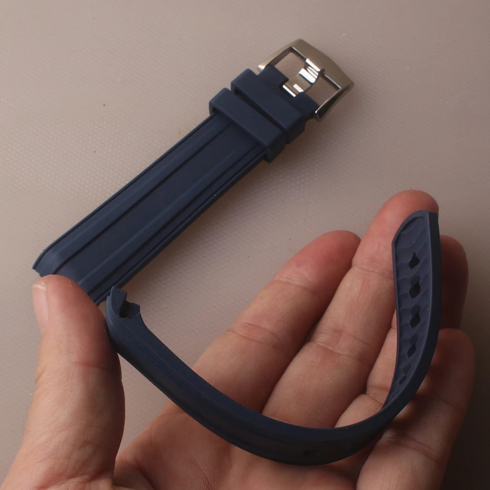 Pulseira de relógio de borracha fluoro 20mm, pulseira esportiva de silicone para ômega rolex, extremidades curvas macias, acessórios de relógios, preto e azul