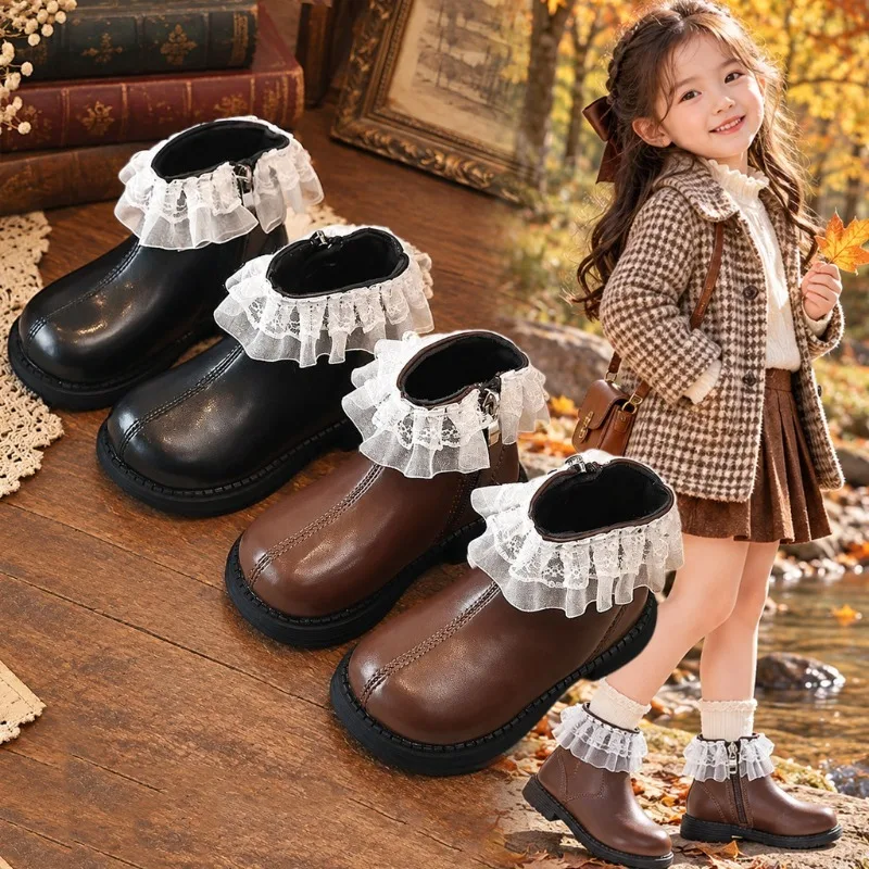 Girls Princess Boot 2026 New Autumn/Winter Korean Edition Lace Child Soft soled Shoe Martin Boot Girl Soft Leather Short Boot