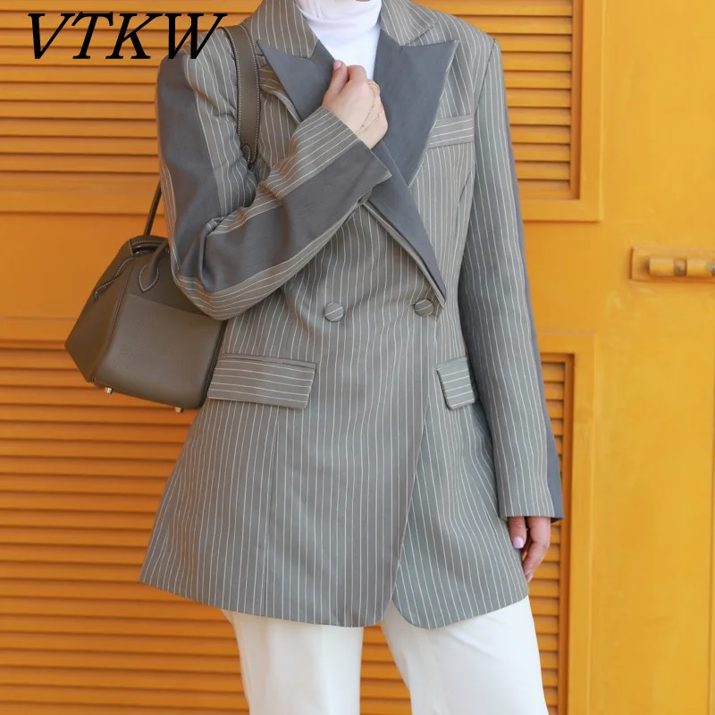 

VTKW Splicing Two Button Versatile Stripe Design Sense 2025 Spring New Women's Blazer Medium Length Suit Jacket