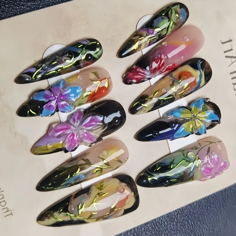 10 stuks handgemaakte manicure medium amandel nepnagels nieuwe schattige 3D beperkte nagels druk op nagels ontwerp met zelfklevende nagelvijlset