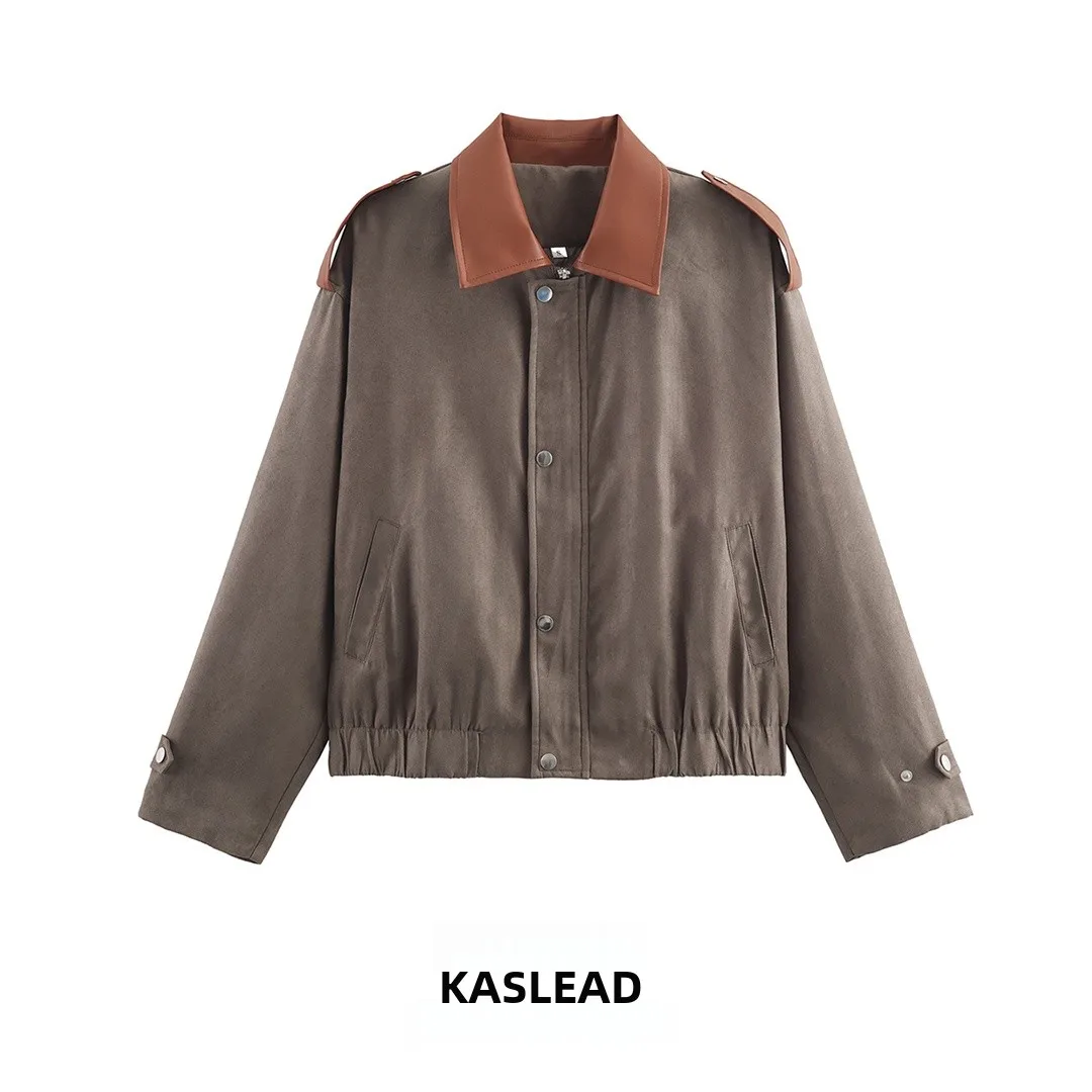 

KASLEAD New Faionable Suede Jaet Women's Street Sle Long Sve Color Blo Versatile Outerwear Polyester Fiber Coat