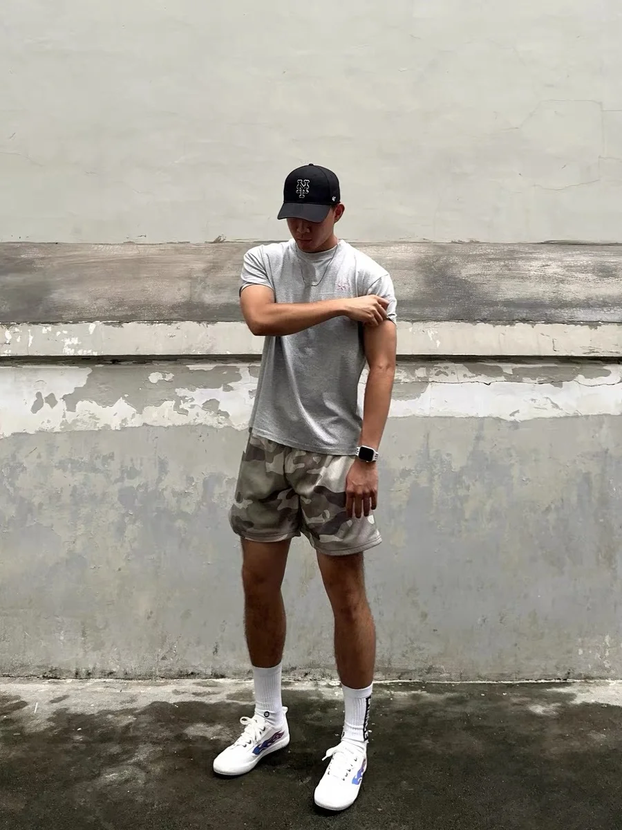

American Sle Summer Retro Camouflage Me orts Men's Casual Loose All-Match Sports Five-Quarter Pants Youth Vitali Sle