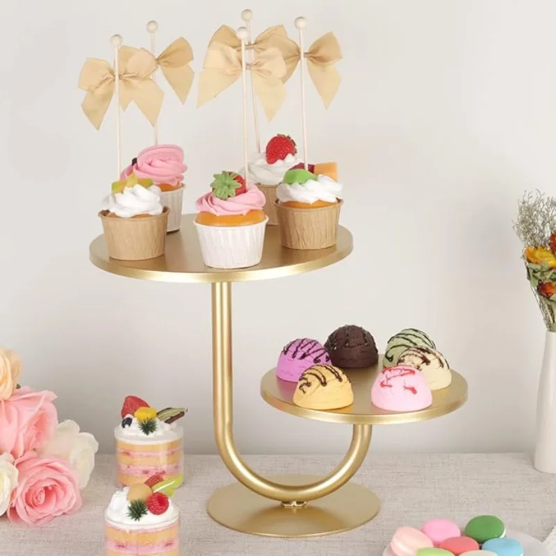 1Set Gold 2-Tier Metal Dessert Stand Cupcake Tray Multi-scene Wedding Baby Shower Party Home Decoration