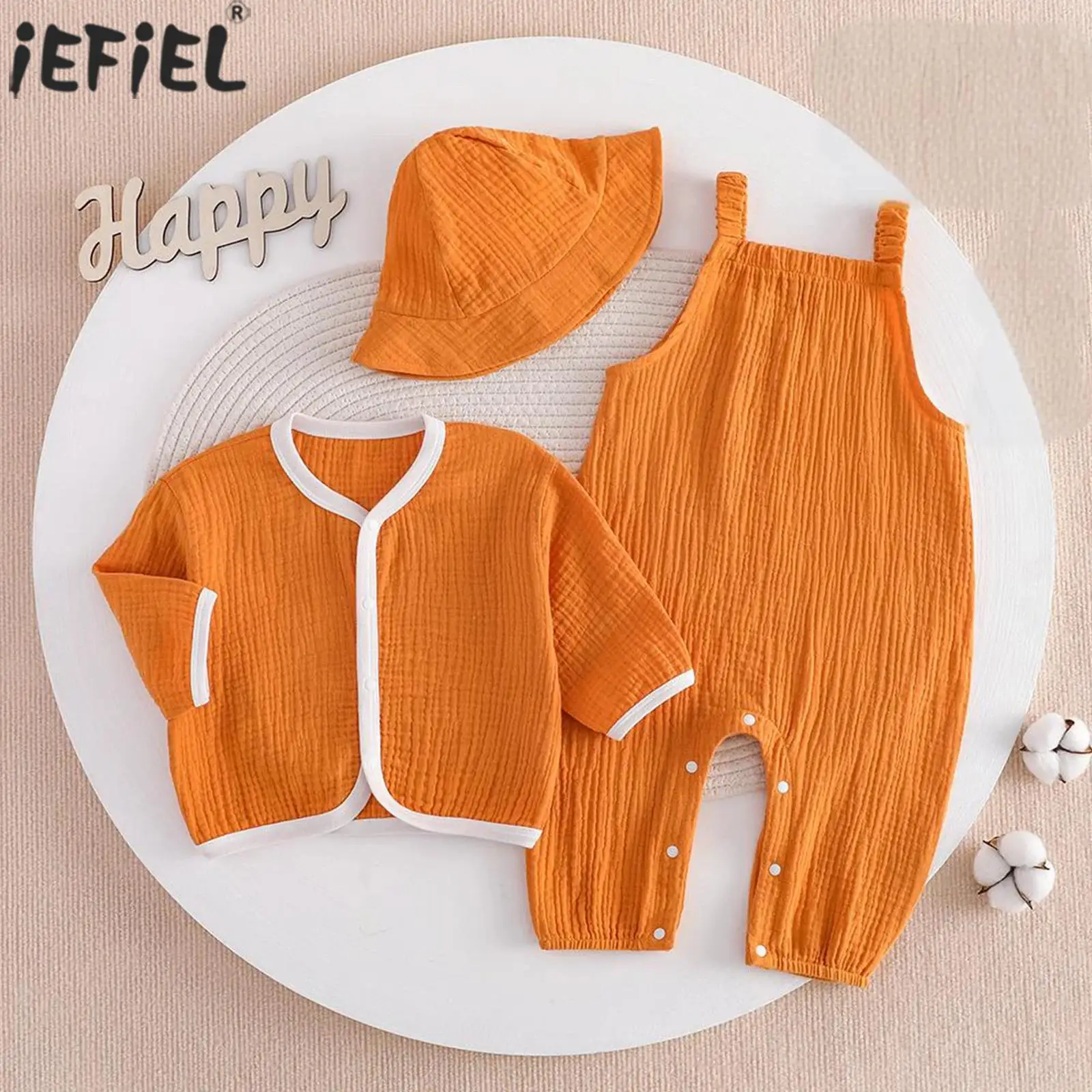 

Baby Boys Girls 3-Piece Cotton Clothes Outfit Long Sleeve Press Button Jacket with Overalls Hat for Birthday Party Photo shoots