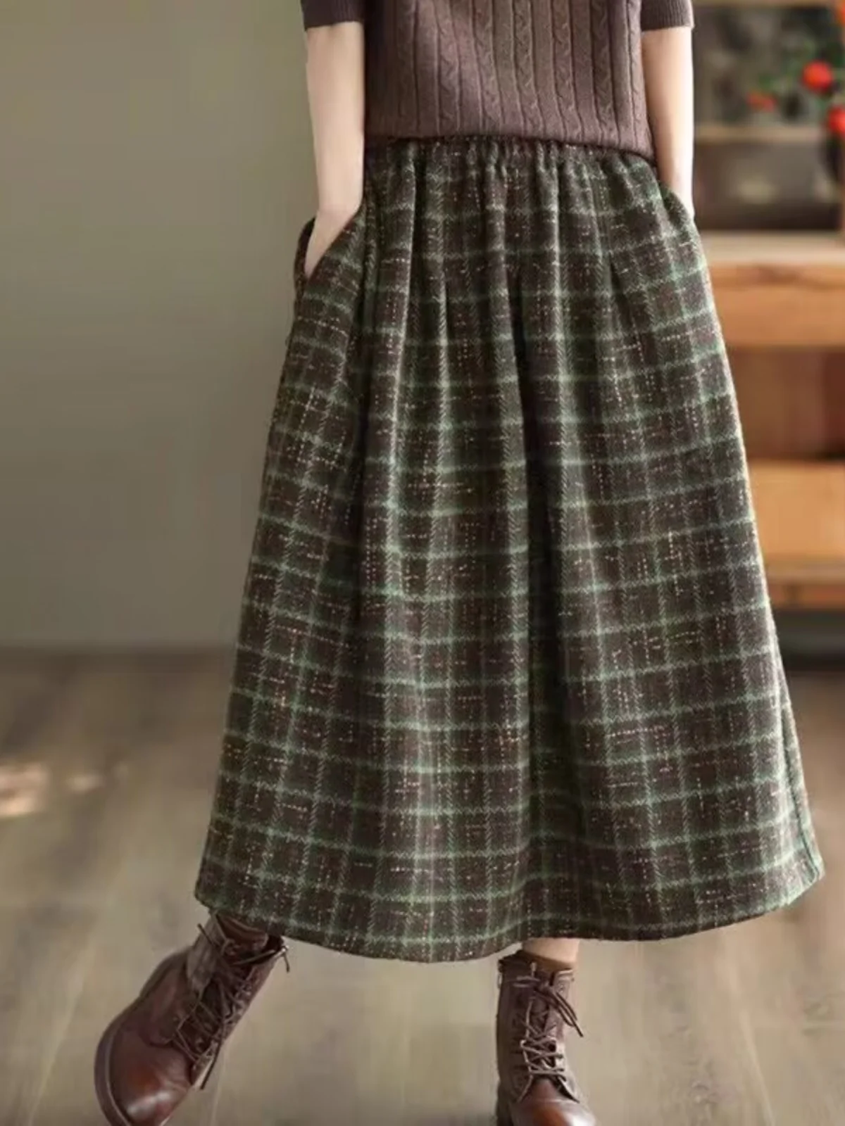 

High Waist Plaid Woolen A-Line Skirt Women's Autumn Winter Loose Waist Slimming Midi Skirts Faion Versatile mid Waist
