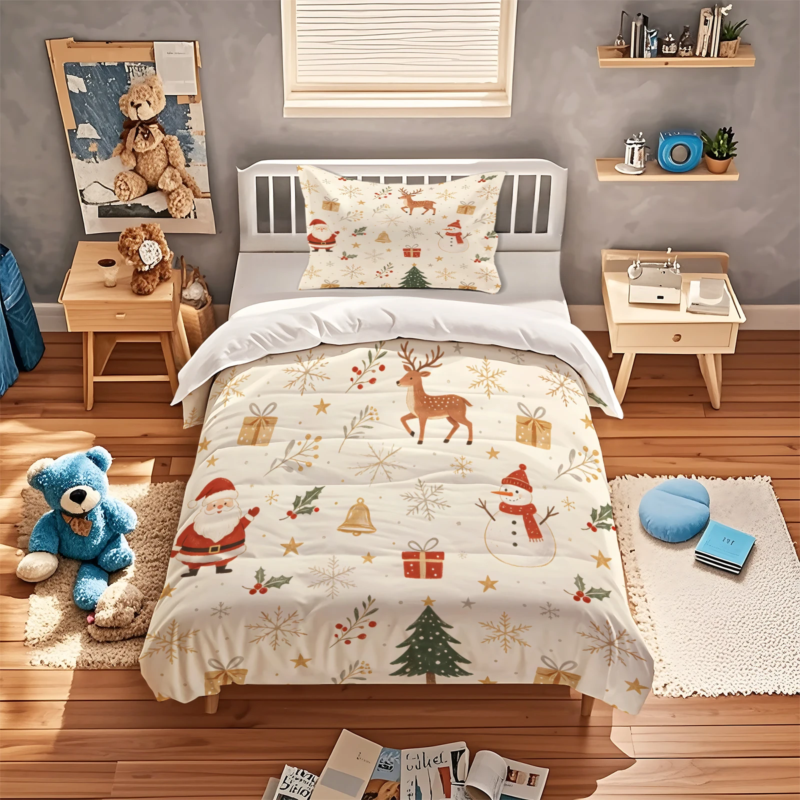 Vintage Christmas Duvet Cover Set Santa Snowman Reindeer Xmas Tree Gift Snowflake Print Bedding Set Quilt Cover With Pillowcase