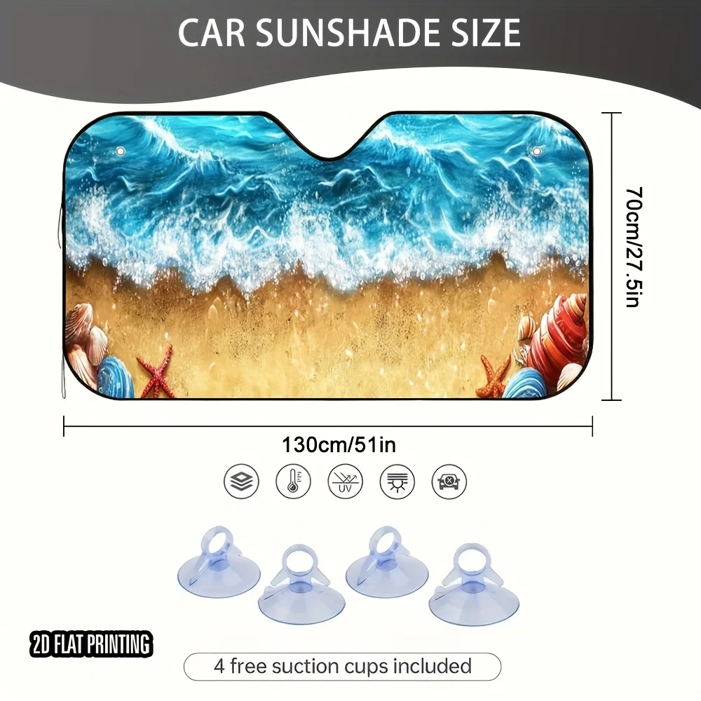 1pc 2D Flat Beach Shell Design Car Sunshade With Ocean Waves & Starfish – Keeps Your Vehicle Cool, Includes 4 Suction Cups For E