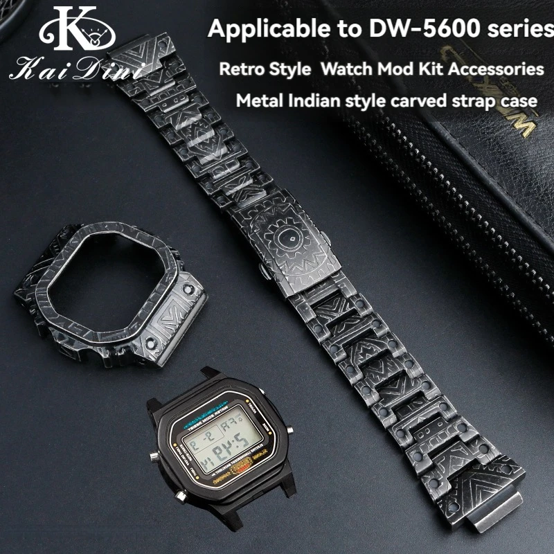 

For Casio DW5600 DW-5600 GW-B5600 Modified Retro Vintage Indian Style Carved Metal Watch Case Strap Watchband Shell Bezel