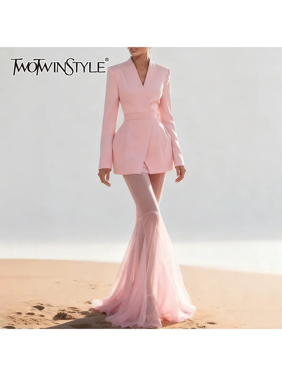 

TWOTWINSTYLE Slimming Sheer Spliced Meah Elegant Dresses for Women V Neck Long Sleeves High Waist Patchwork Folds Dress Female