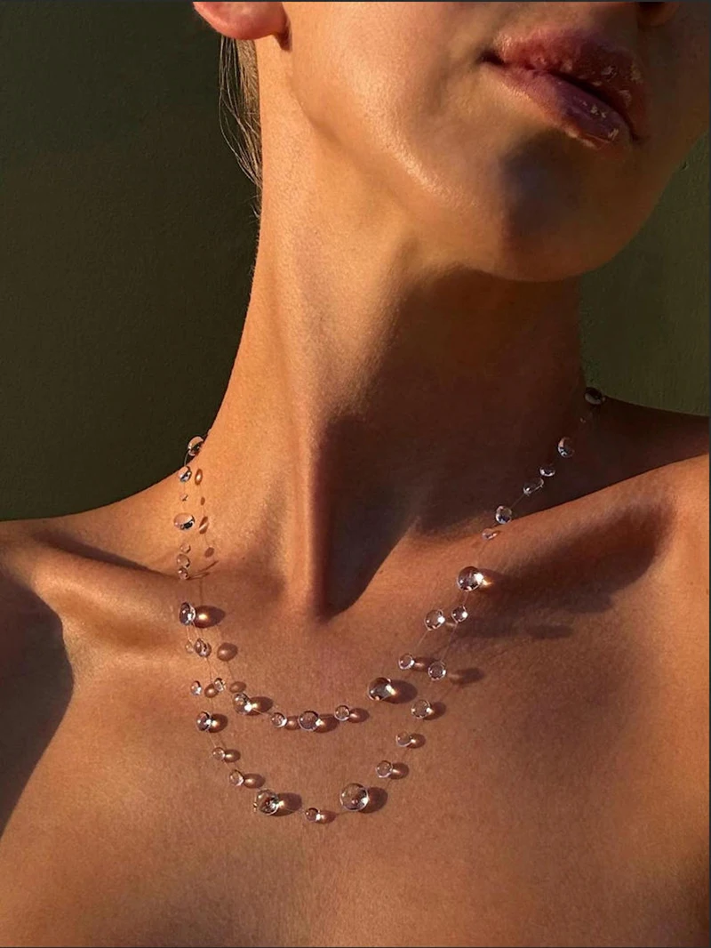 WJFH-ARTS Light Luxury Clear Multiple Dewdrop Oblate Spheroids Series Double Layer Necklace Women Elegant Romantic Neck Chain