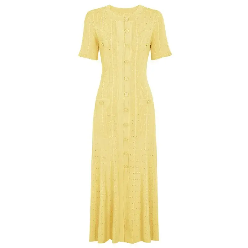 

Elegant Knitted Long Dress Short Sleeve Slimming Midi Dress for Women High Quality Summer Autumn New Style Celebrity Favorite