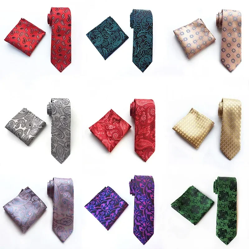 

Fashion Tie Hankerchief Set for Men Business Grid Necktie Jacquard Gravatas Neckties 8cm Paisley Ties Pocket Handkerchief