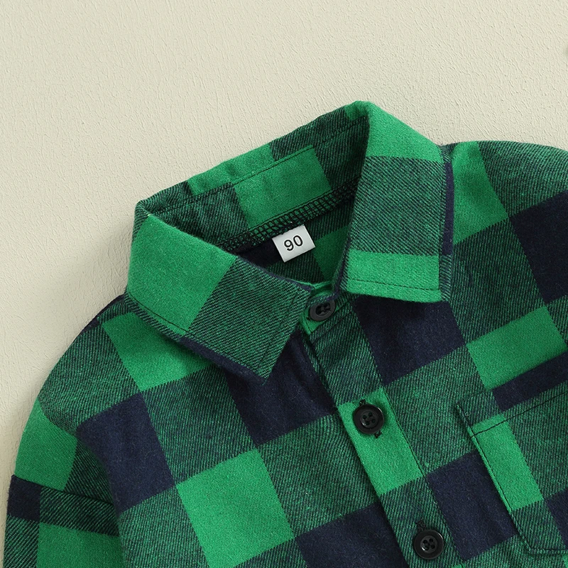 Kids Boys Green Plaid T-Shirts Spring Fall Long Sleeve Plaid Pocket Blouse Shirt Tops Clothes