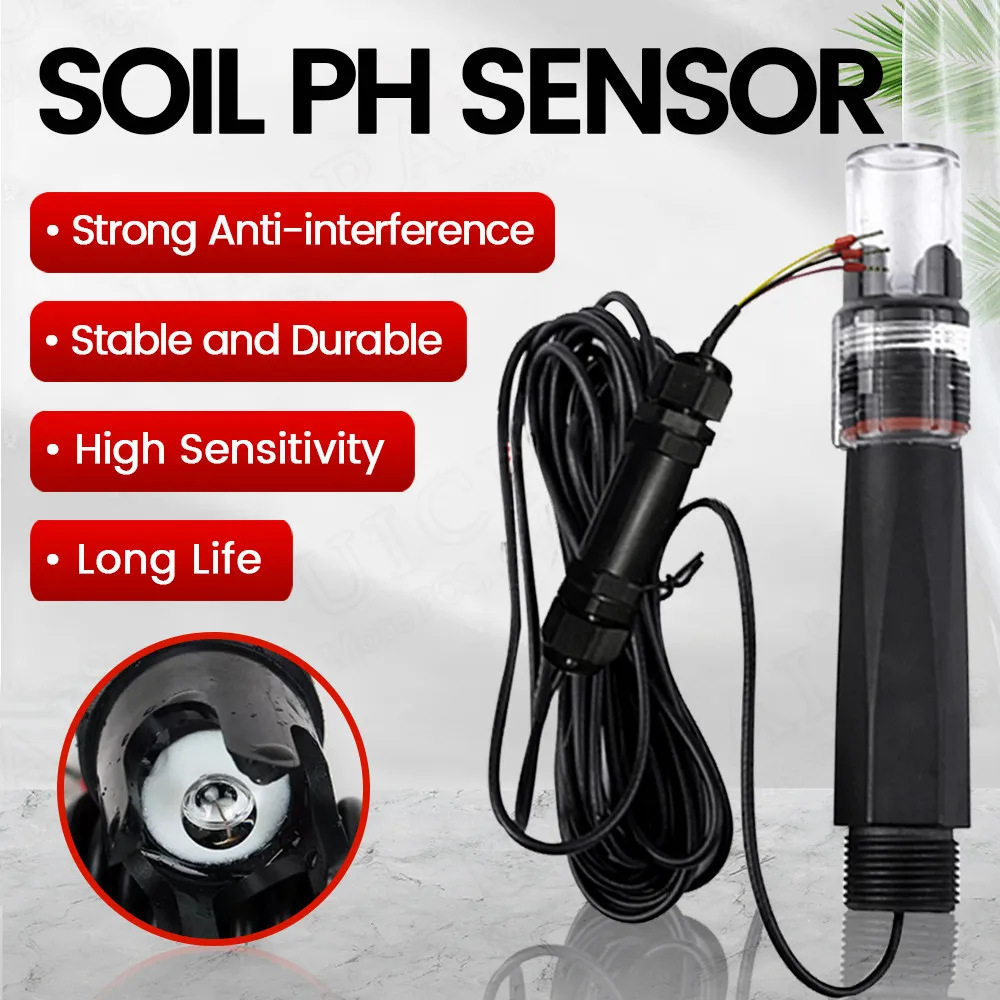 

Soil PH Sensor Probe Module 5M Length 0-14PH 0.01PH IP65 Modbus Soil Acidity Alkalinity Transmitter RS485 0-2V 4-20mA Output