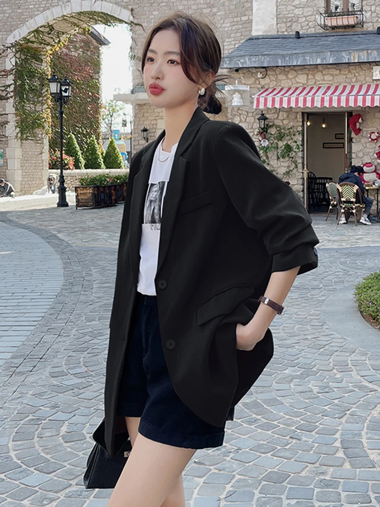 LANMREM Women Casual Blazer Notched Long Sleeves Single Breasted Pockets Design Loose Coat 2024 Verstile Clothing 2Z1006