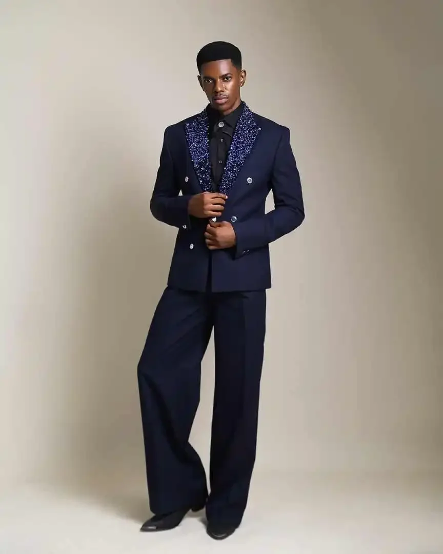 

Navy Blue Men's Suits 2 Pieces Blazer Pants Beads Double Breasted Peaked Lapel Party Prom Tuxedos Custom Made Ropa Hombre