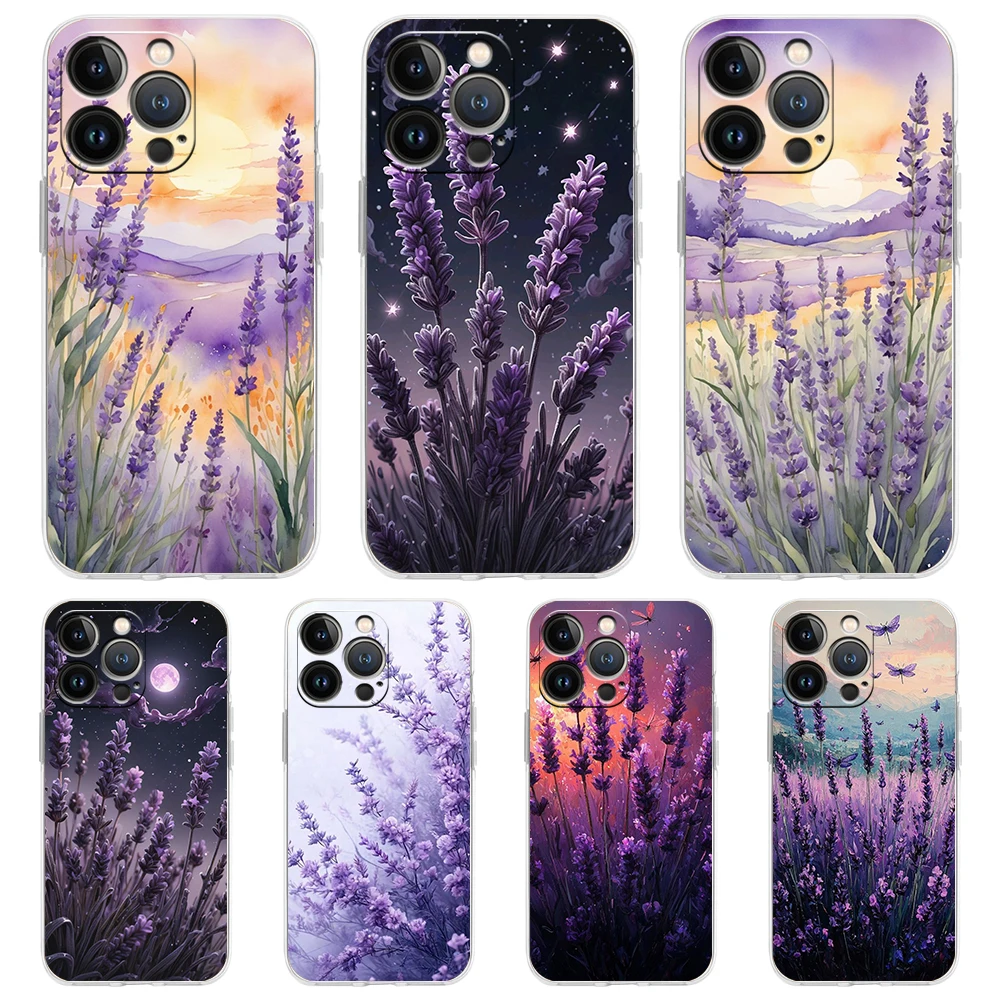 حافظة هاتف شفافة ناعمة من البولي يوريثان لهاتف آيفون 16 15 14 13 12 11 Pro Max XR 8 7 Plus XR حقائب بنمط الخزامى المقاوم للصدمات