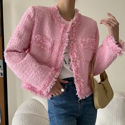 20% Wool Women Jacket Coat O-Neck Long Sleeve Pink Tops Single Button Fashion Coat Tops For Women New In Autumn Outerwears