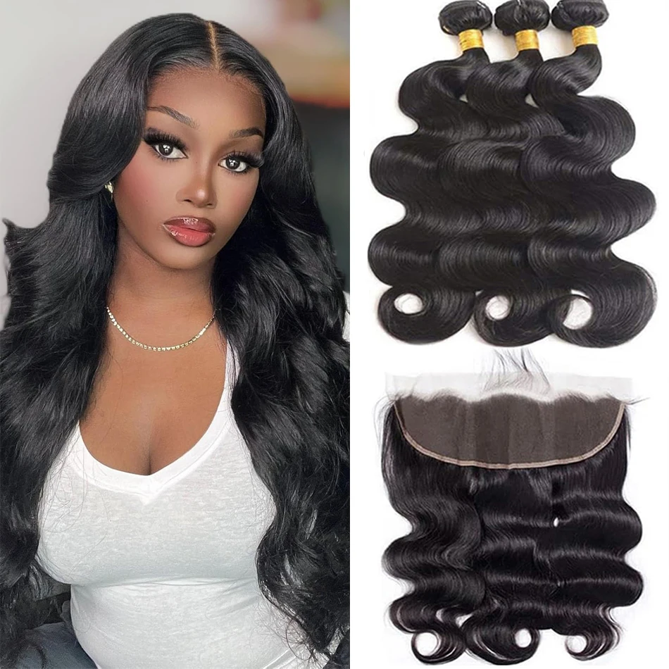 

Body Wave Bundles With 13x4 Lace Frontal Brazilian 3 Bundles With 13x4 Transparent Lace Frontal Closure Virgin Human Hair Bundle